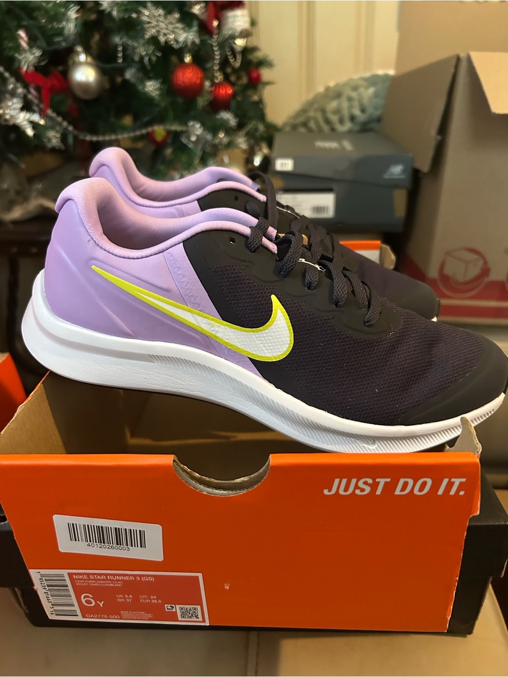 Nike Star Runner Black and Lavender Running Shoes with Yellow Swoosh